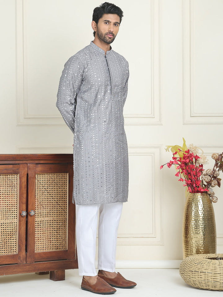 Embroidered And Mirror Work Straight Kurta Set For Men,