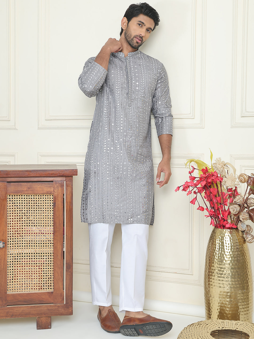 Embroidered And Mirror Work Straight Kurta Set For Men,