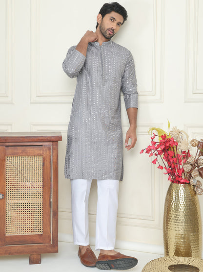 Embroidered And Mirror Work Straight Kurta Set For Men,