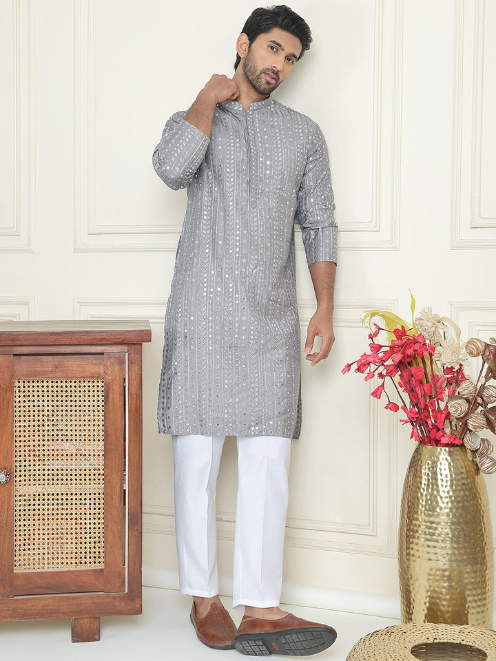 Embroidered And Mirror Work Straight Kurta Set For Men,