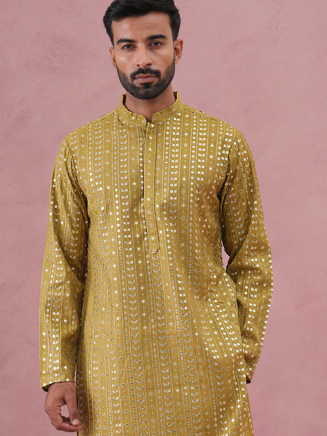 Embroidered And Mirror Work Straight Kurta Set For Men,