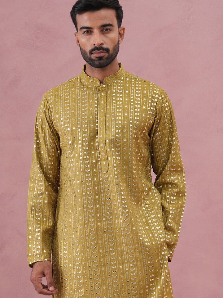 Embroidered And Mirror Work Straight Kurta Set For Men,