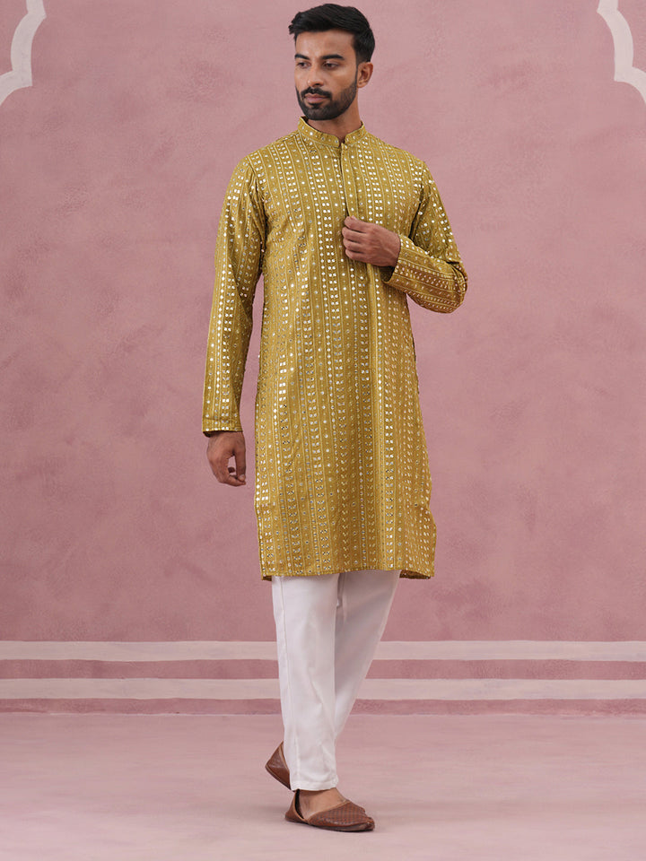 Embroidered And Mirror Work Straight Kurta Set For Men,