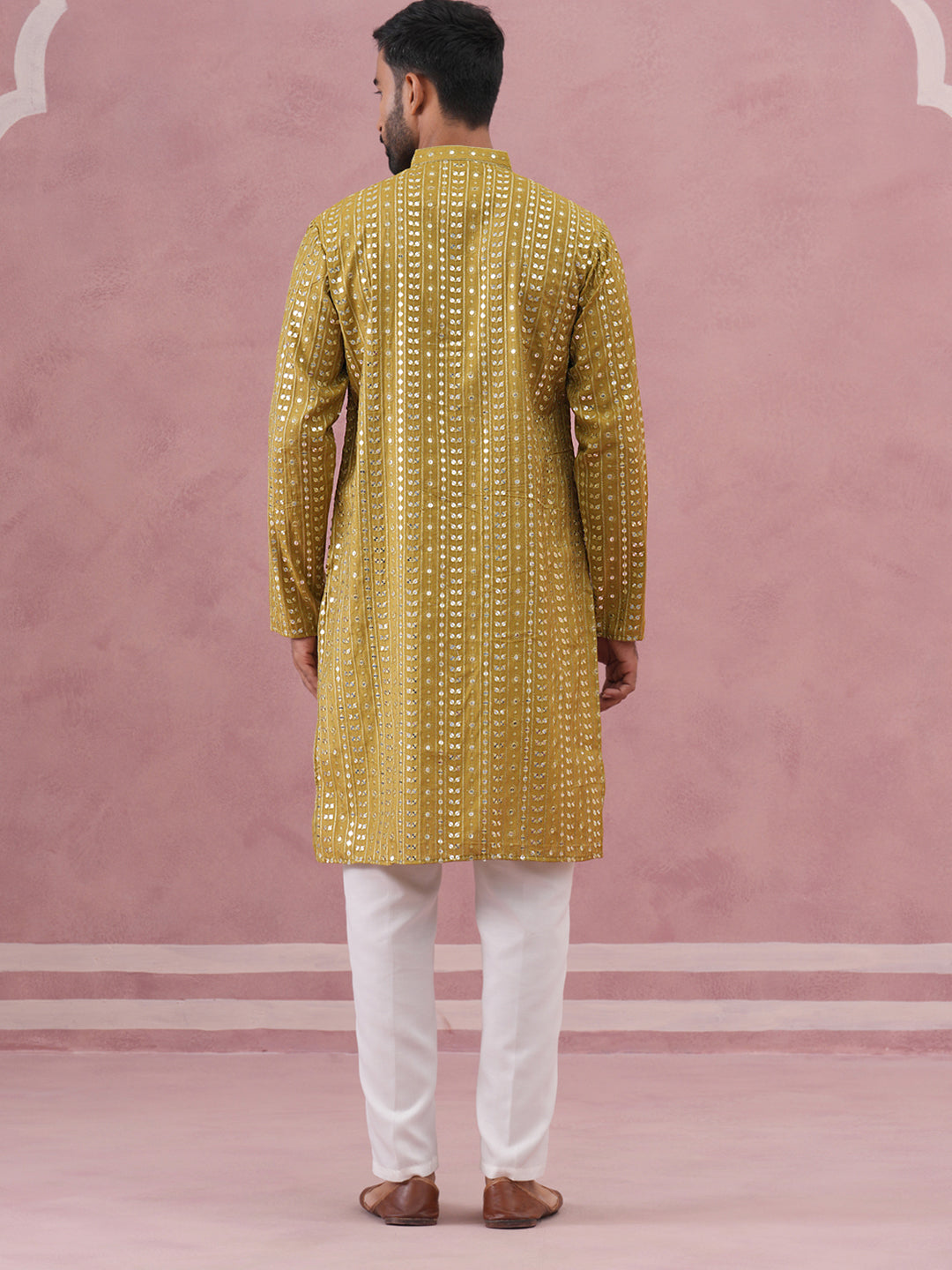 Embroidered And Mirror Work Straight Kurta Set For Men,