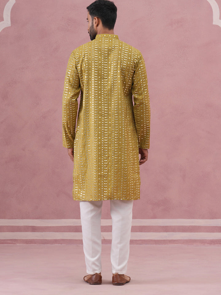 Embroidered And Mirror Work Straight Kurta Set For Men,