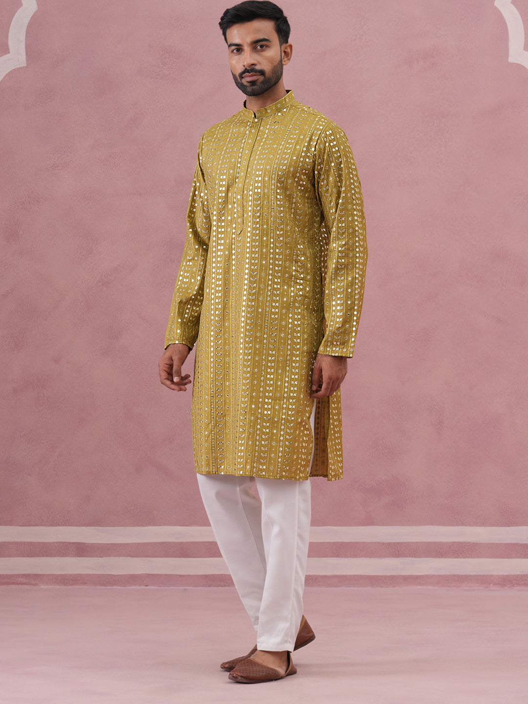 Embroidered And Mirror Work Straight Kurta Set For Men,