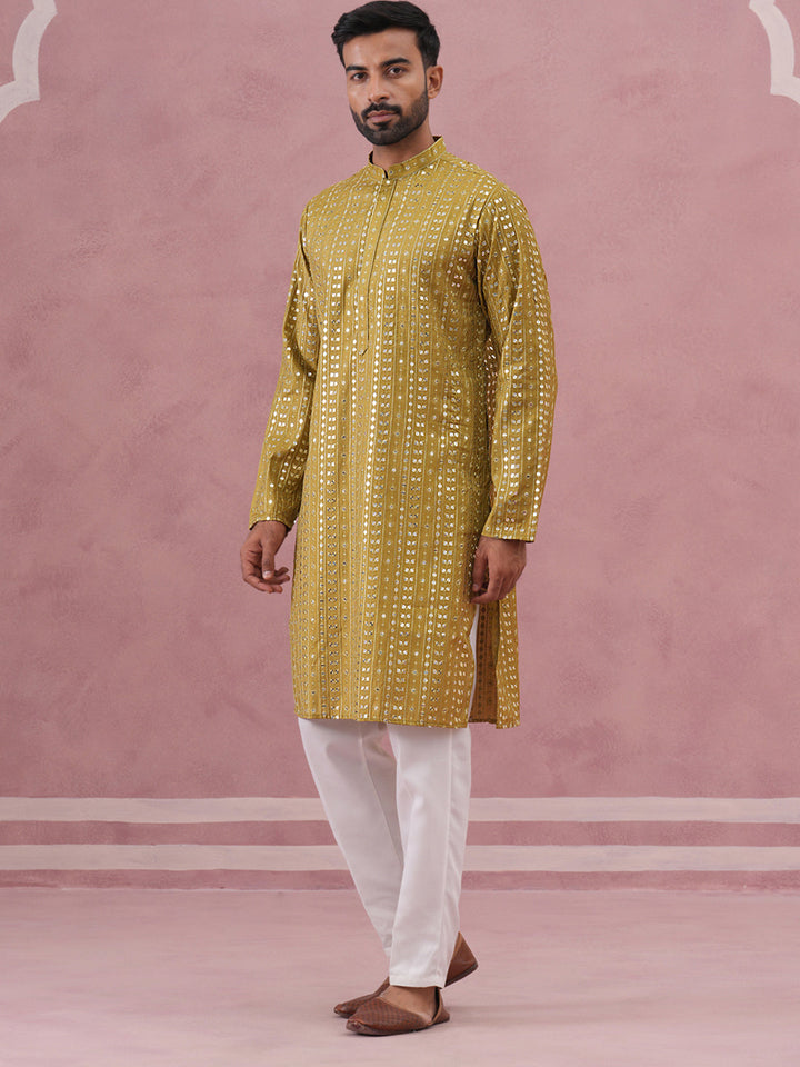 Embroidered And Mirror Work Straight Kurta Set For Men,