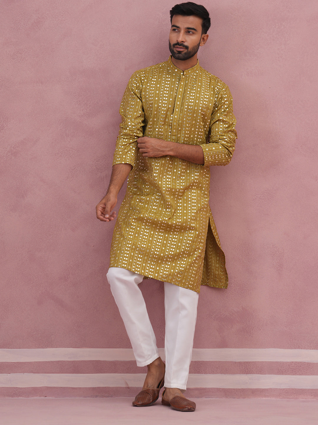 Embroidered And Mirror Work Straight Kurta Set For Men,