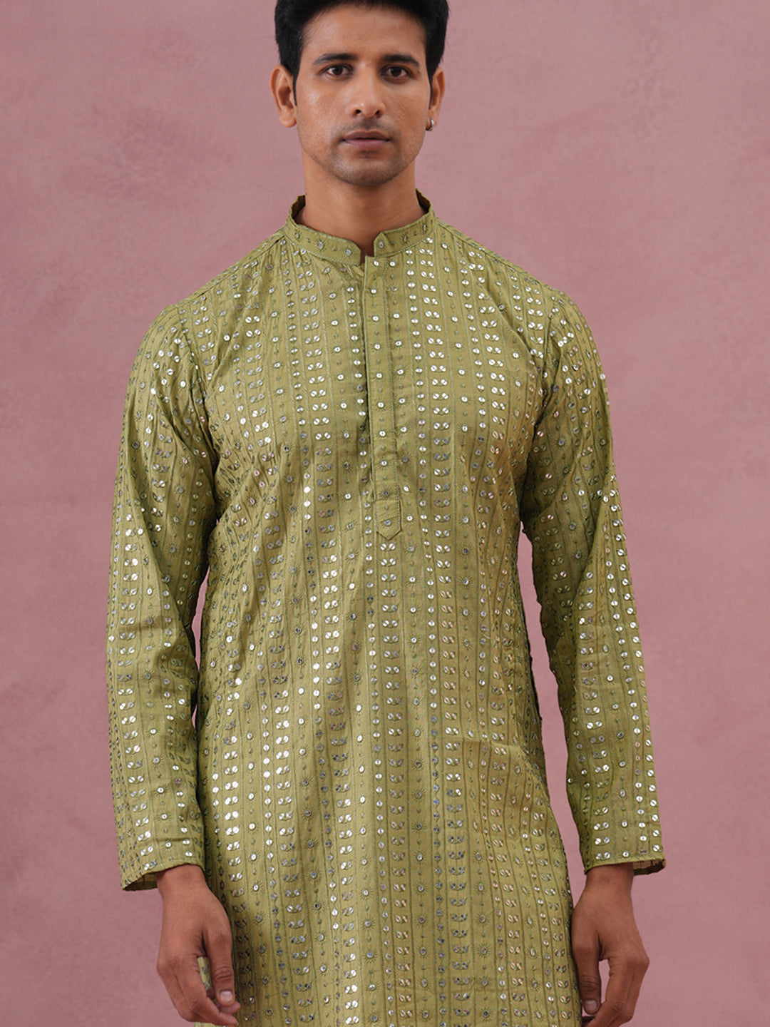 Embroidered And Mirror Work Straight Kurta Set For Men,