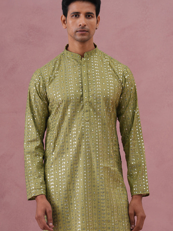 Embroidered And Mirror Work Straight Kurta Set For Men,