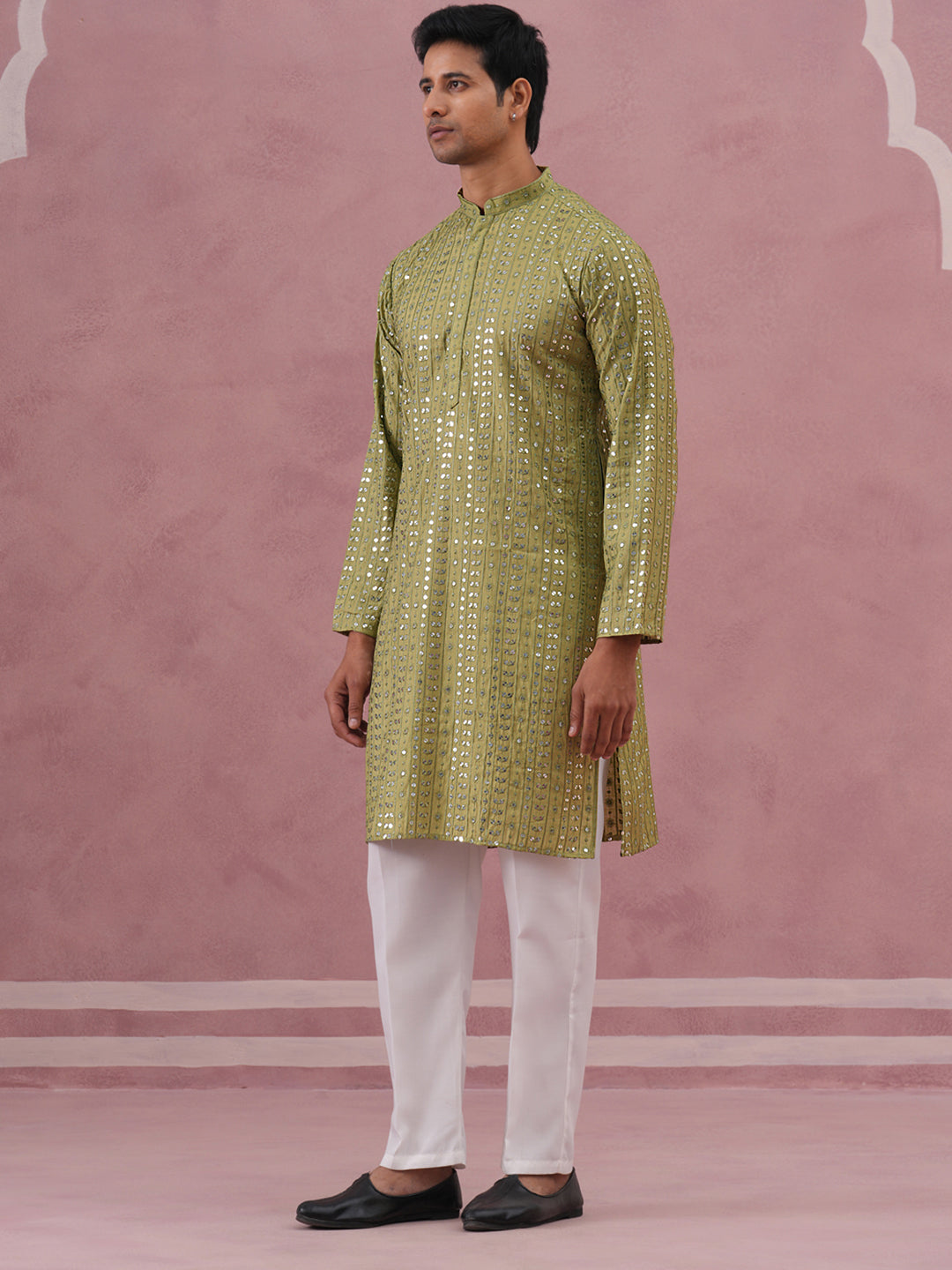 Embroidered And Mirror Work Straight Kurta Set For Men,
