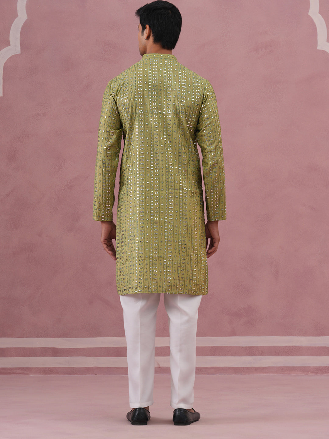 Embroidered And Mirror Work Straight Kurta Set For Men,