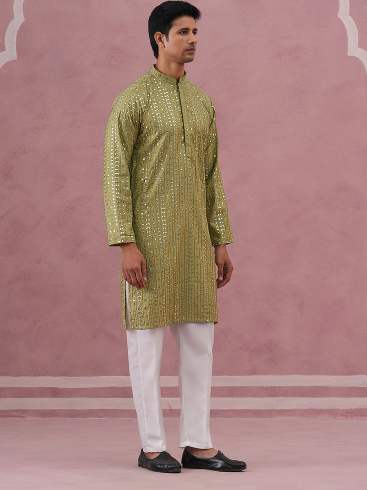Embroidered And Mirror Work Straight Kurta Set For Men,