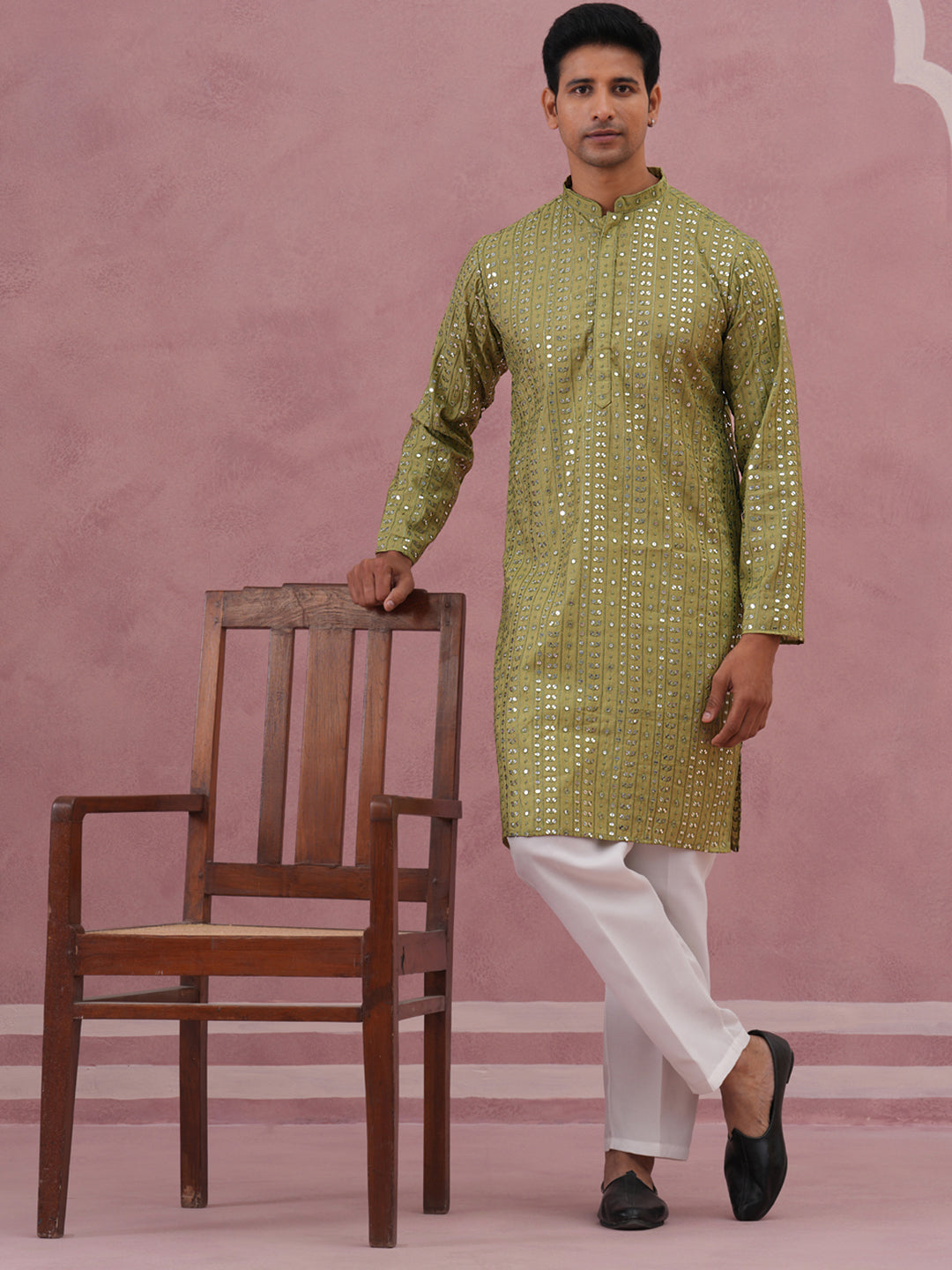 Embroidered And Mirror Work Straight Kurta Set For Men,