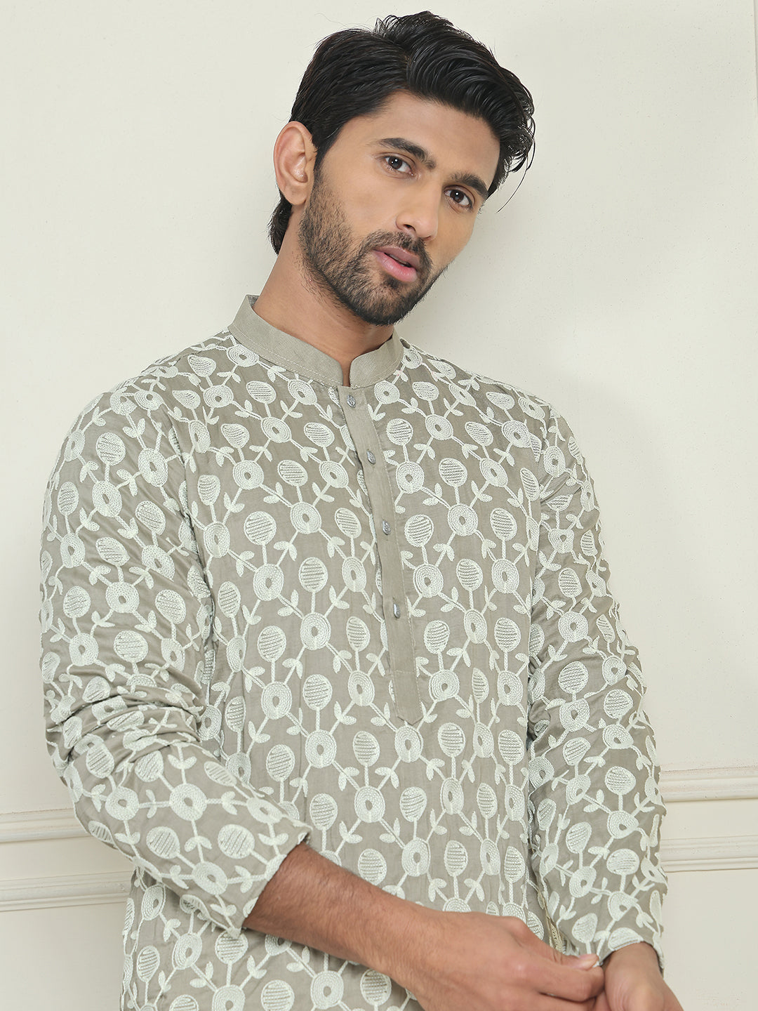 Embroidered Straight Kurta Pyjama Set For Men