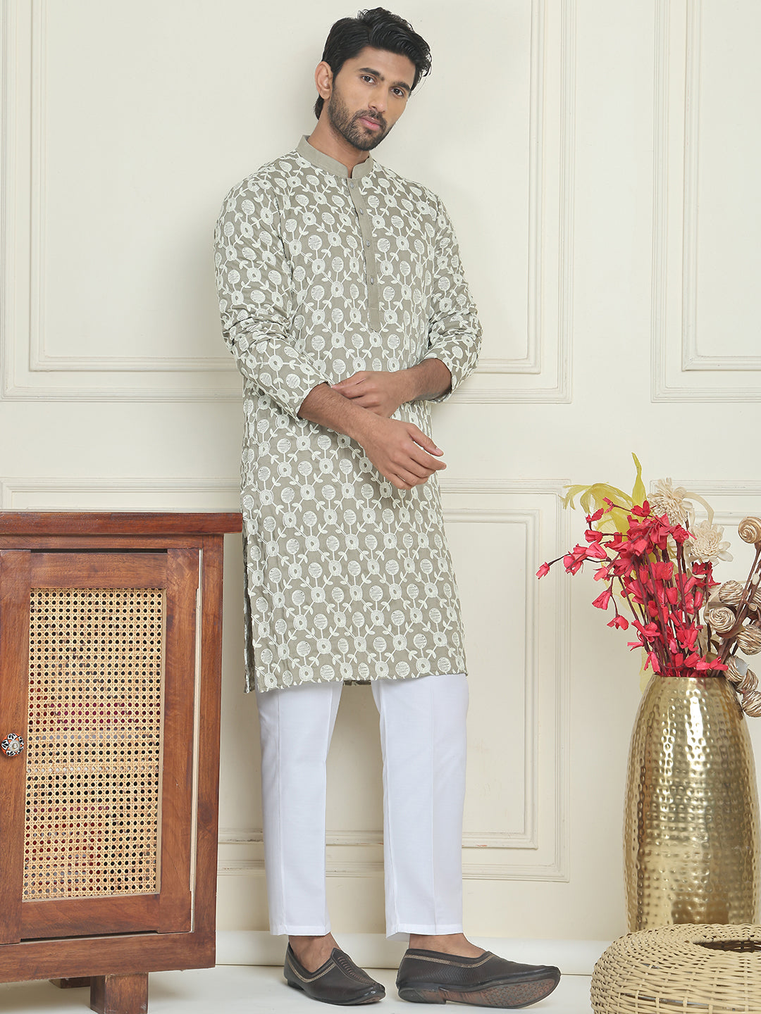 Embroidered Straight Kurta Pyjama Set For Men