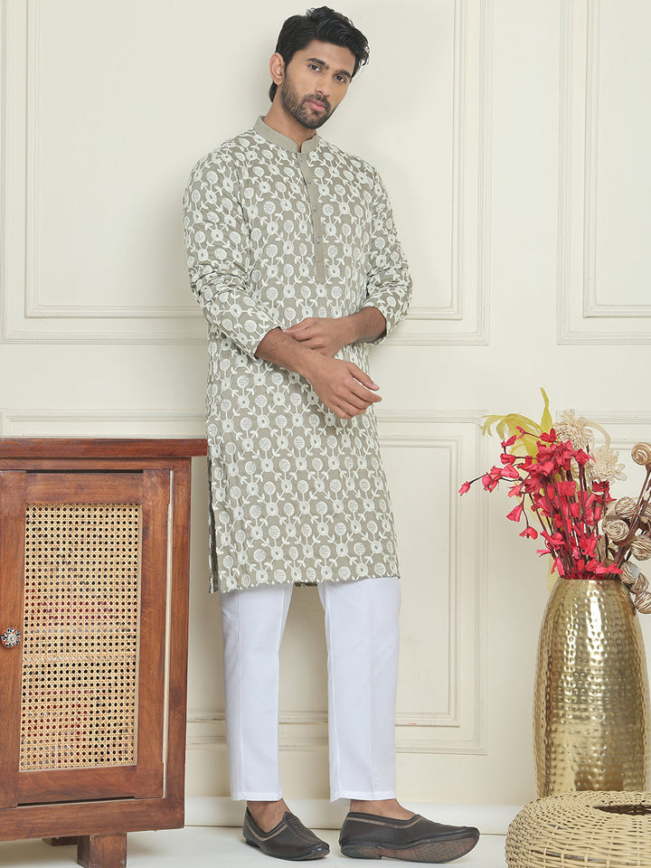 Embroidered Straight Kurta Pyjama Set For Men