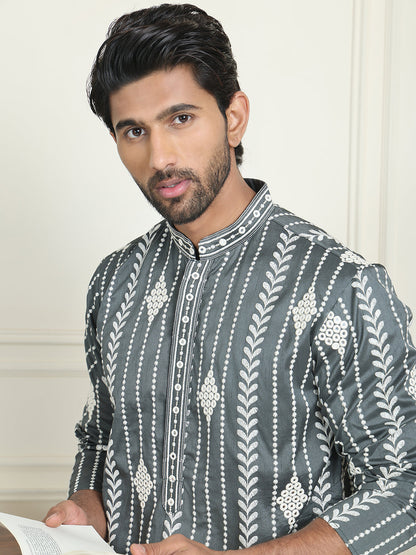 Embroidery And Mirror Work Straight Kurta Set,