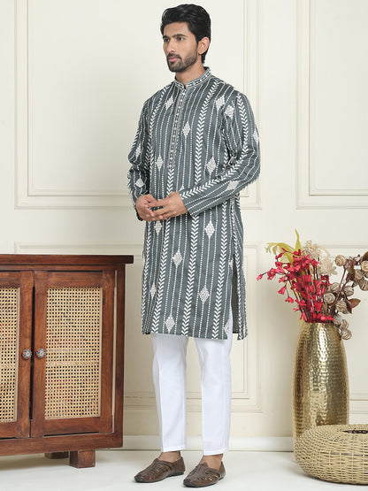 Embroidery And Mirror Work Straight Kurta Set,