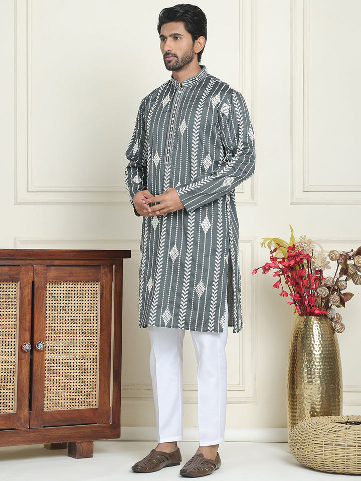 Embroidery And Mirror Work Straight Kurta Set,
