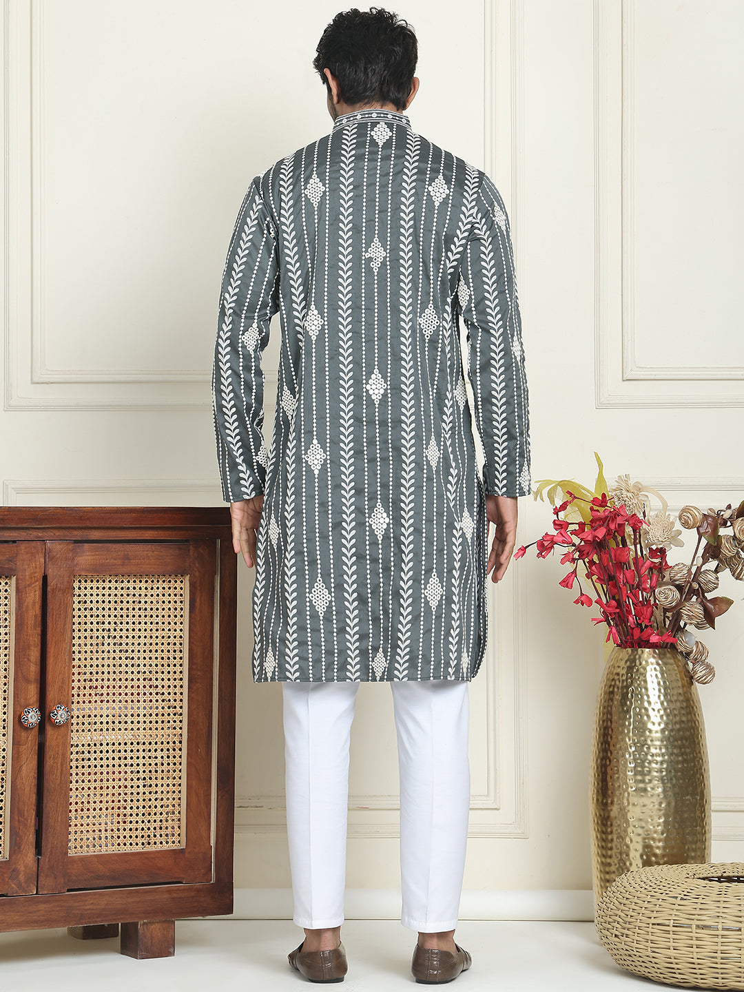 Embroidery And Mirror Work Straight Kurta Set,