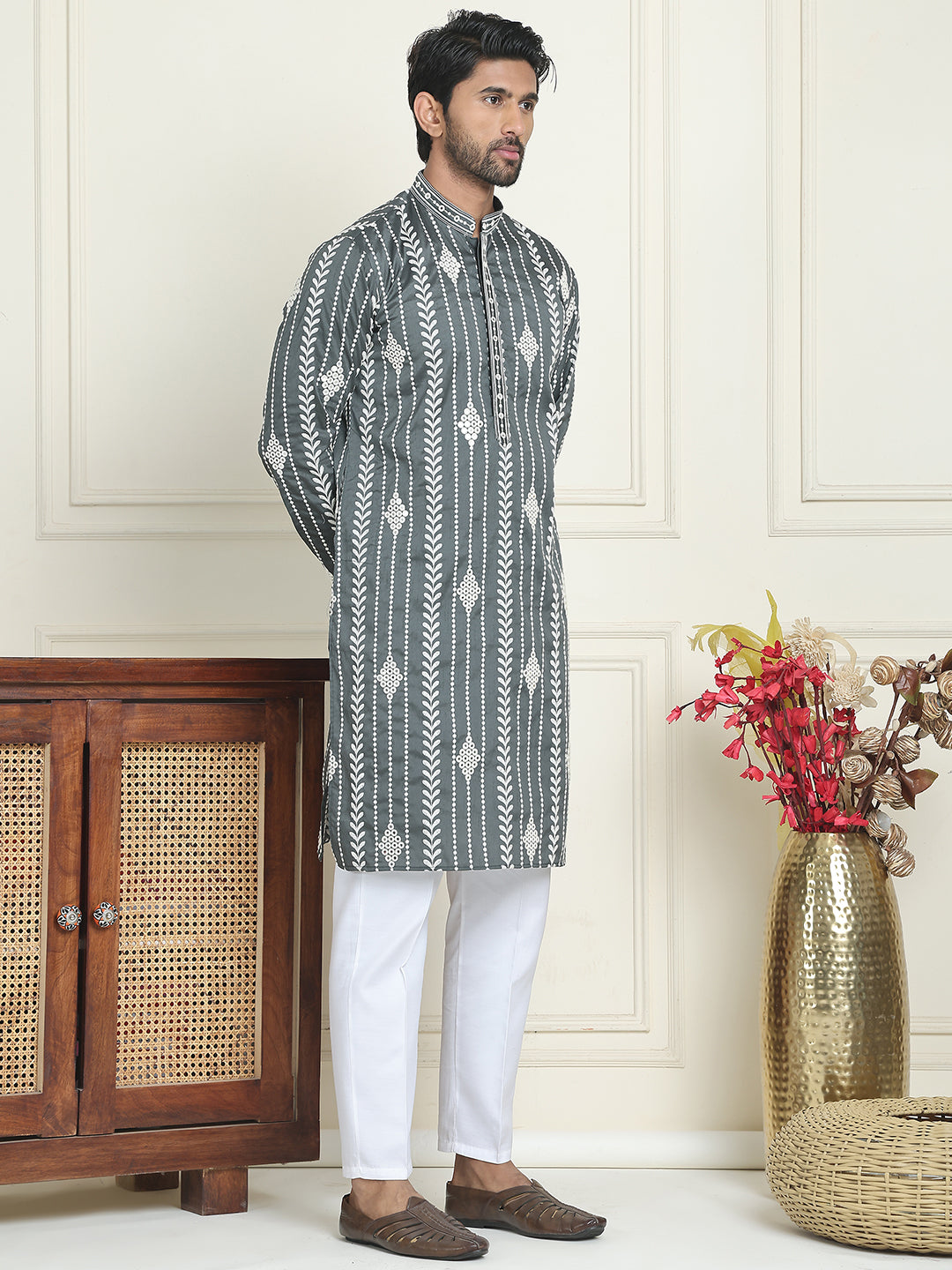 Embroidery And Mirror Work Straight Kurta Set,