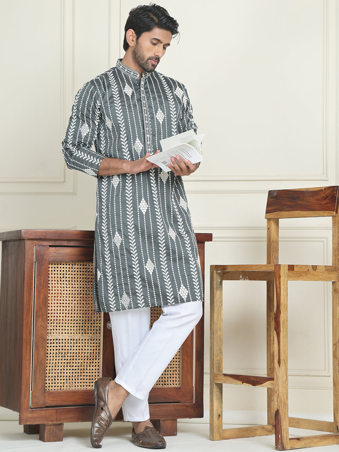 Embroidery And Mirror Work Straight Kurta Set,