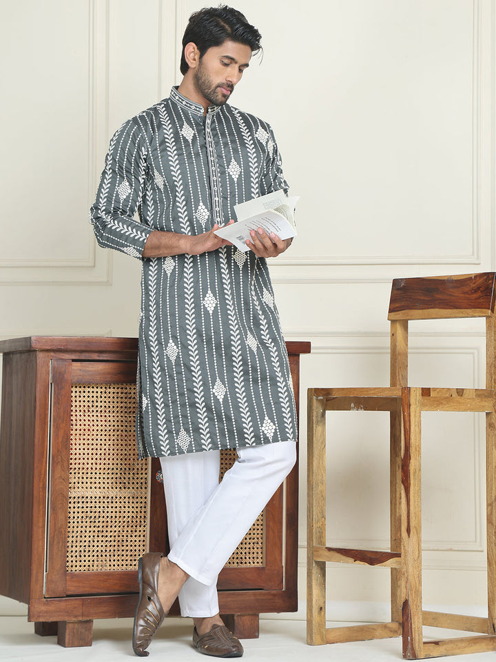 Embroidery And Mirror Work Straight Kurta Set,