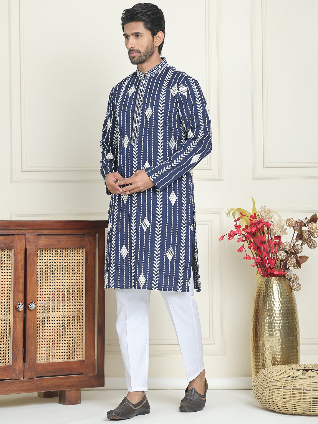 Embroidery And Mirror Work Straight Kurta Set,
