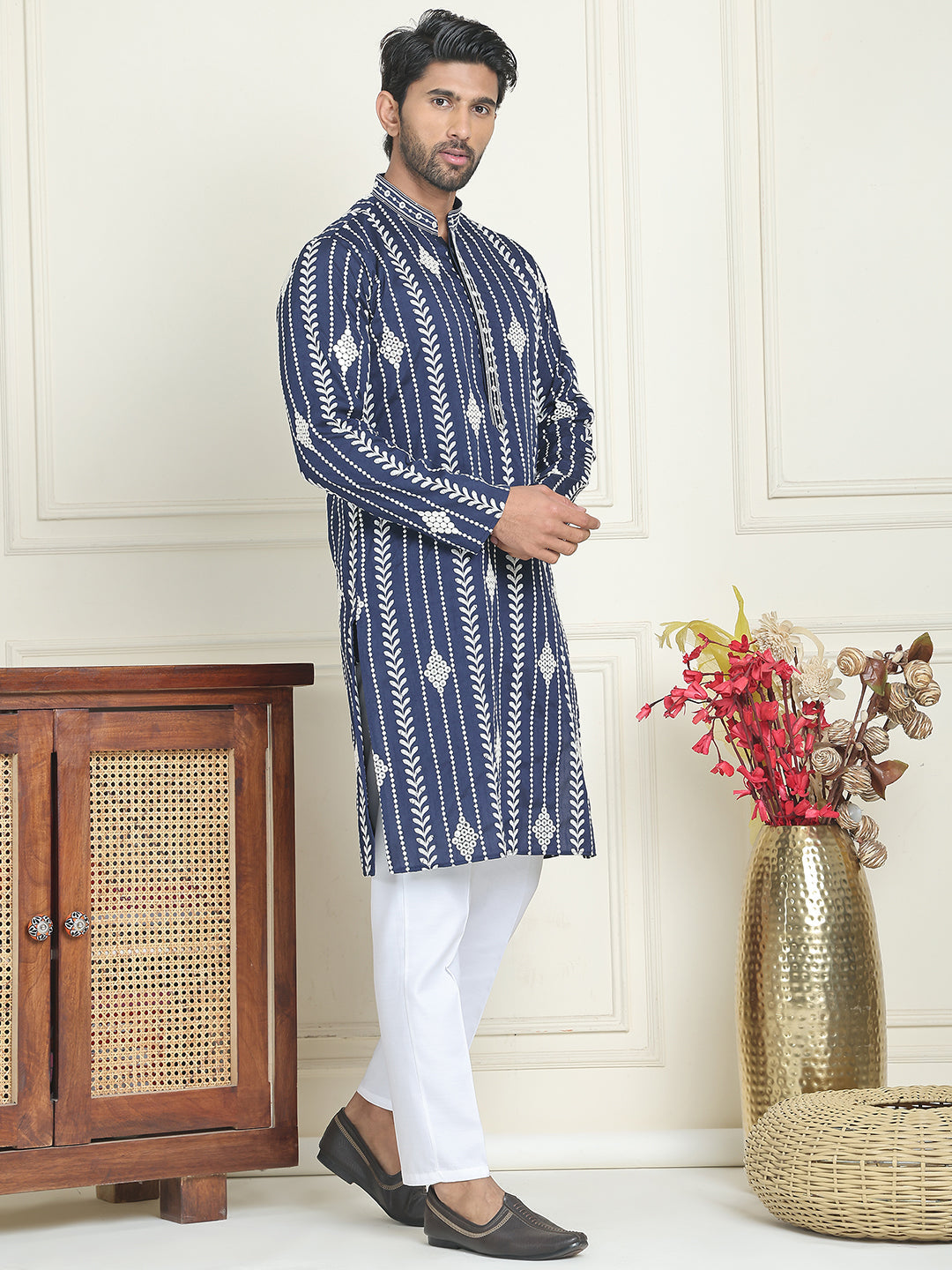 Embroidery And Mirror Work Straight Kurta Set,