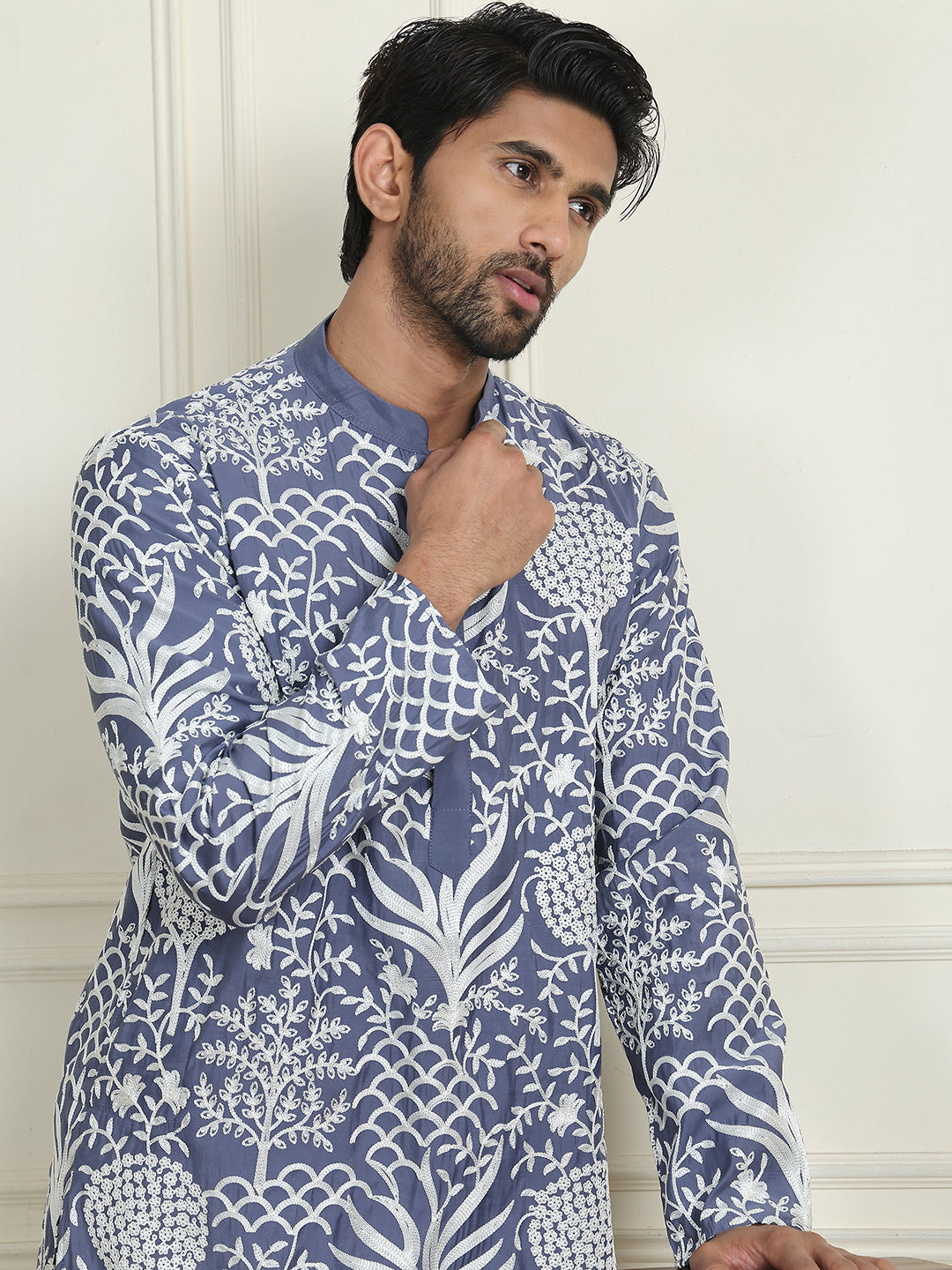 Embroidered Silk Blend Kurta Pyjama Set