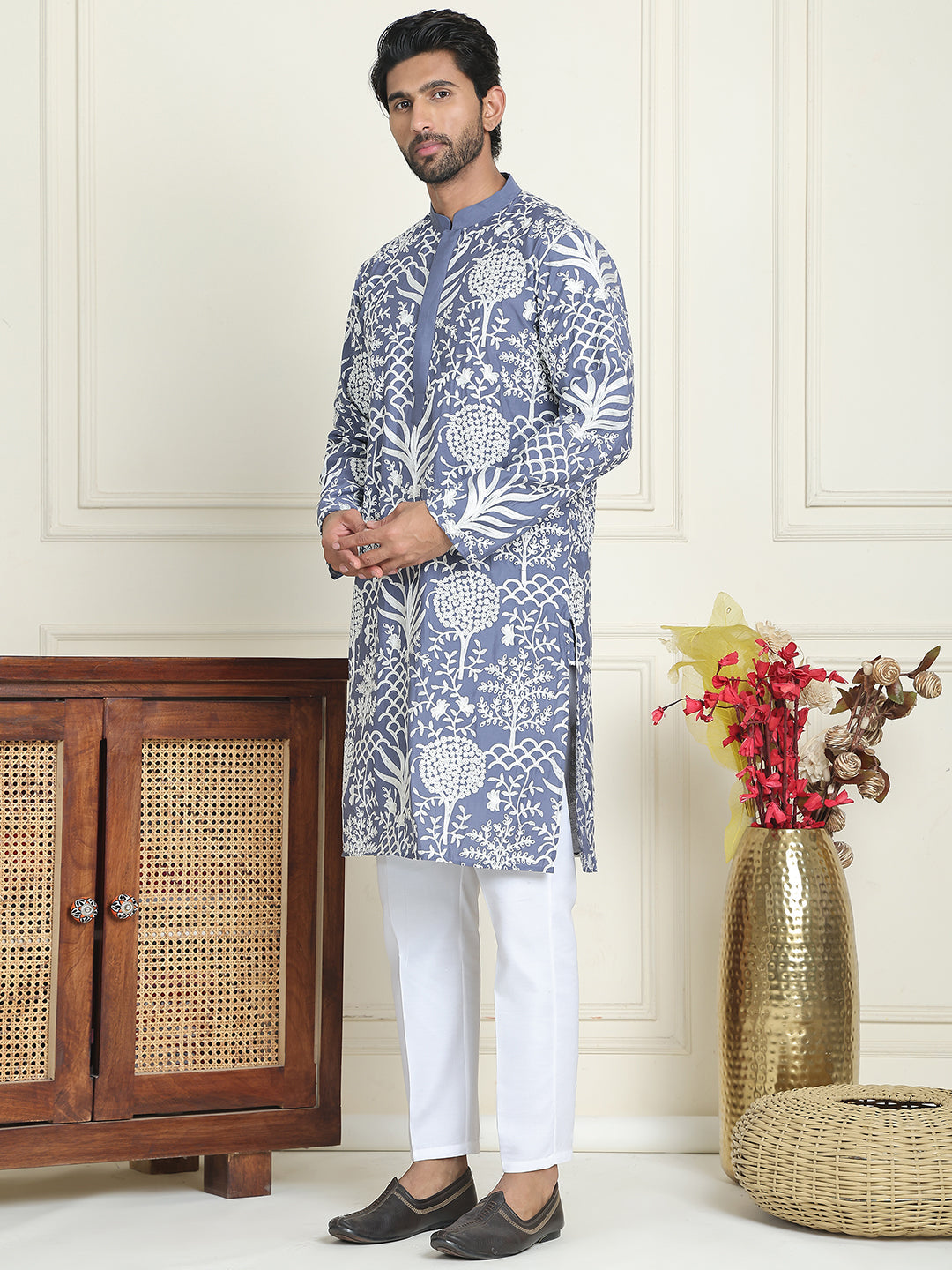 Embroidered Silk Blend Kurta Pyjama Set