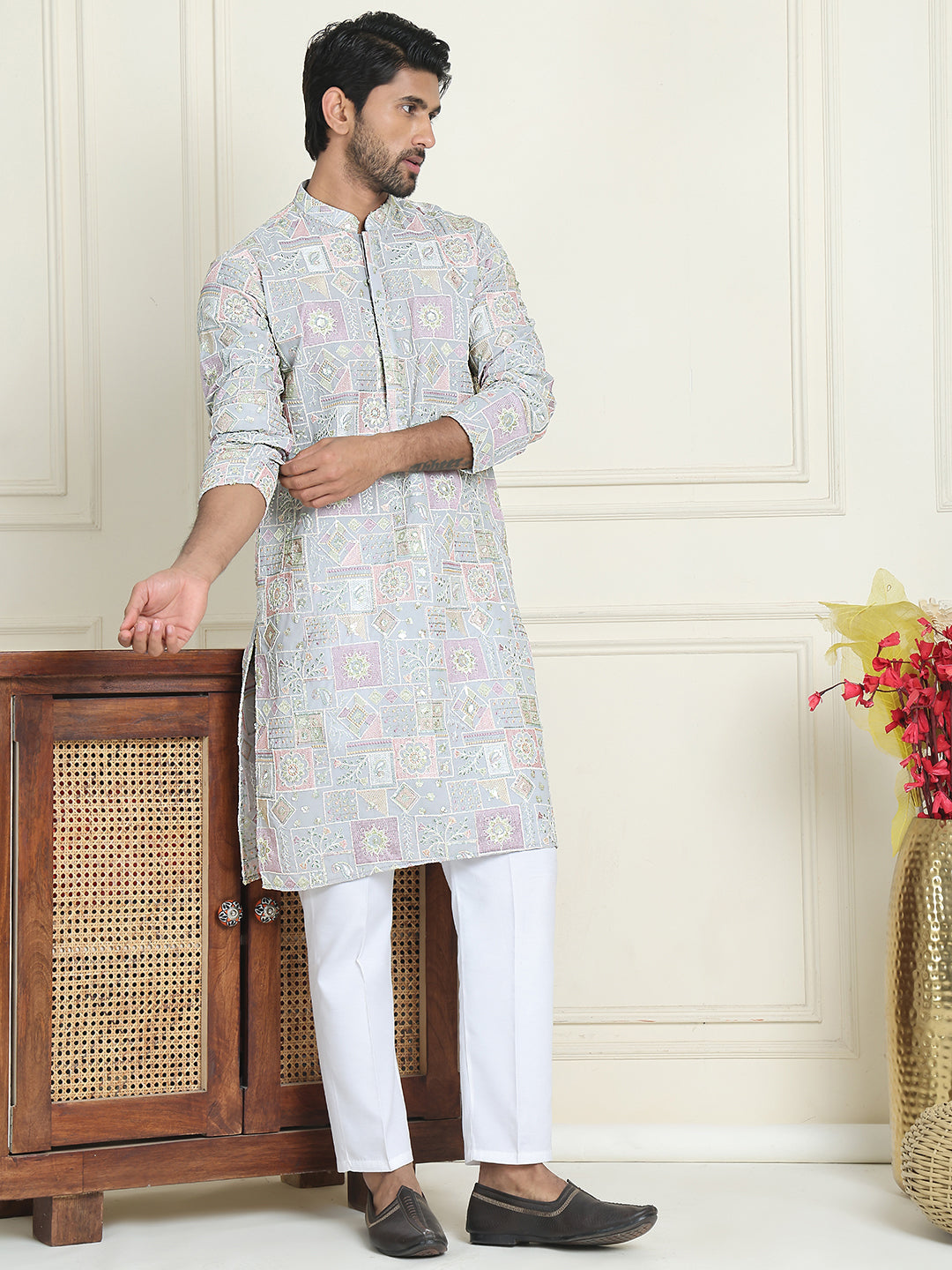 Embroidered Straight Kurta Pyjama For Men
