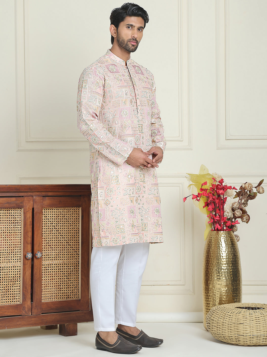 Embroidered Straight Kurta Pyjama For Men