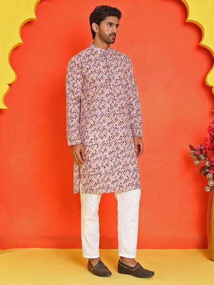Men'S Purple Printed Kurta Pyjama Set.