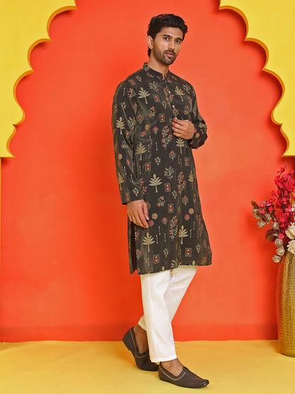Printed Silk Blend Straight Kurta Set.