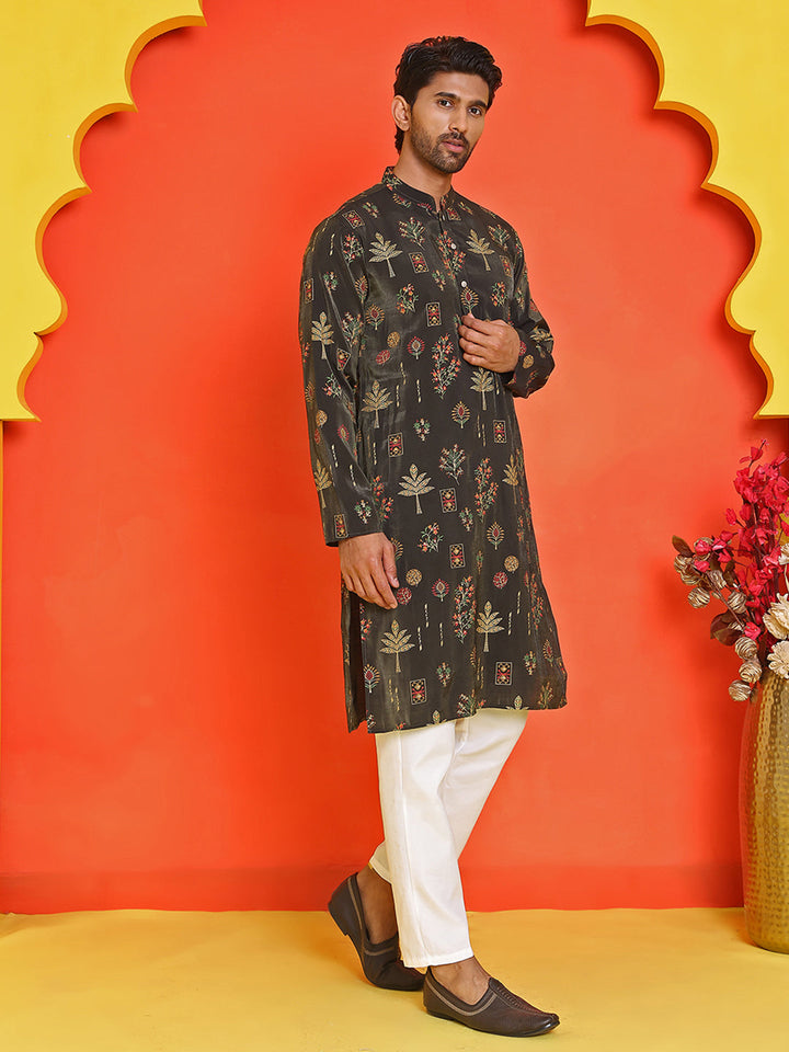 Printed Silk Blend Straight Kurta Set.