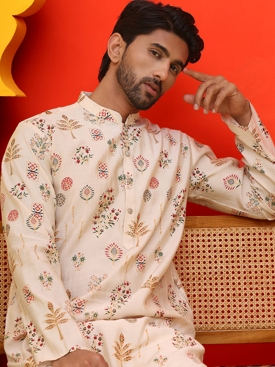 Printed Silk Blend Straight Kurta Set.