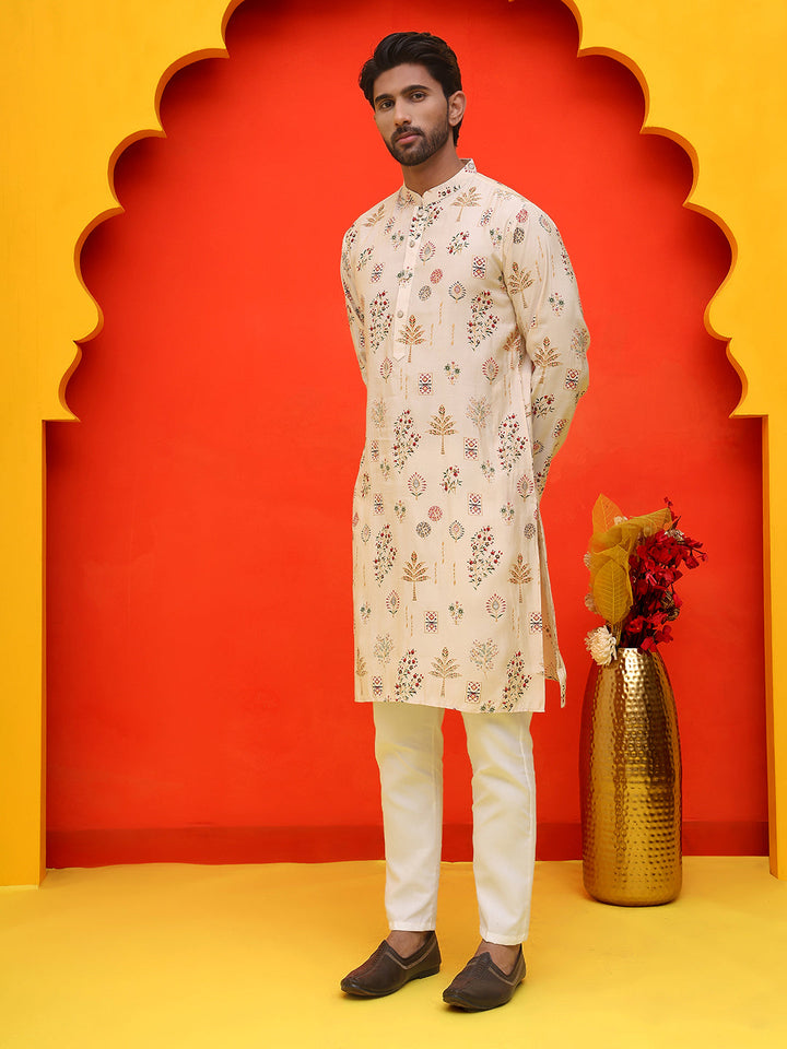 Printed Silk Blend Straight Kurta Set.