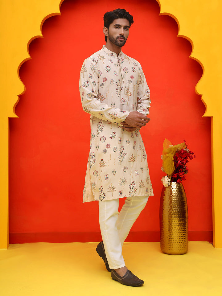Printed Silk Blend Straight Kurta Set.