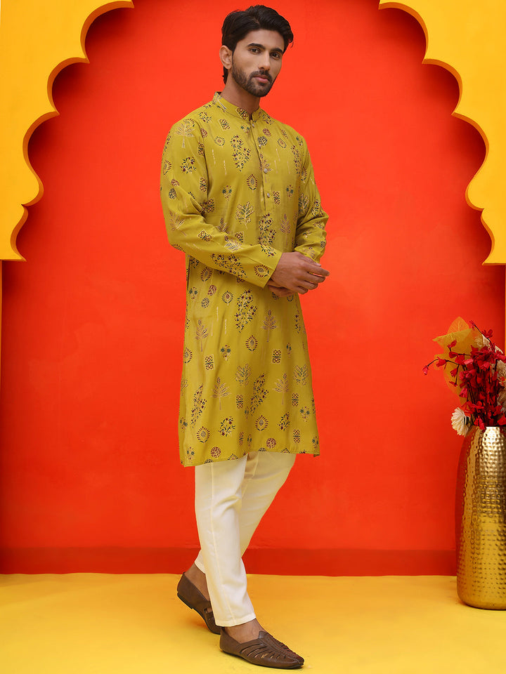 Printed Silk Blend Straight Kurta Set.
