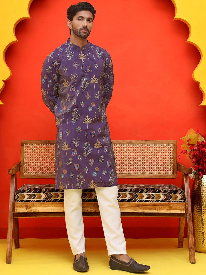 Printed Silk Blend Straight Kurta Set.