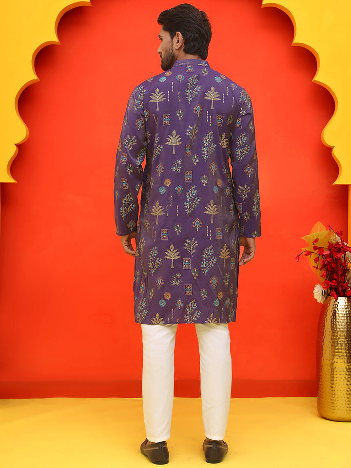 Printed Silk Blend Straight Kurta Set.