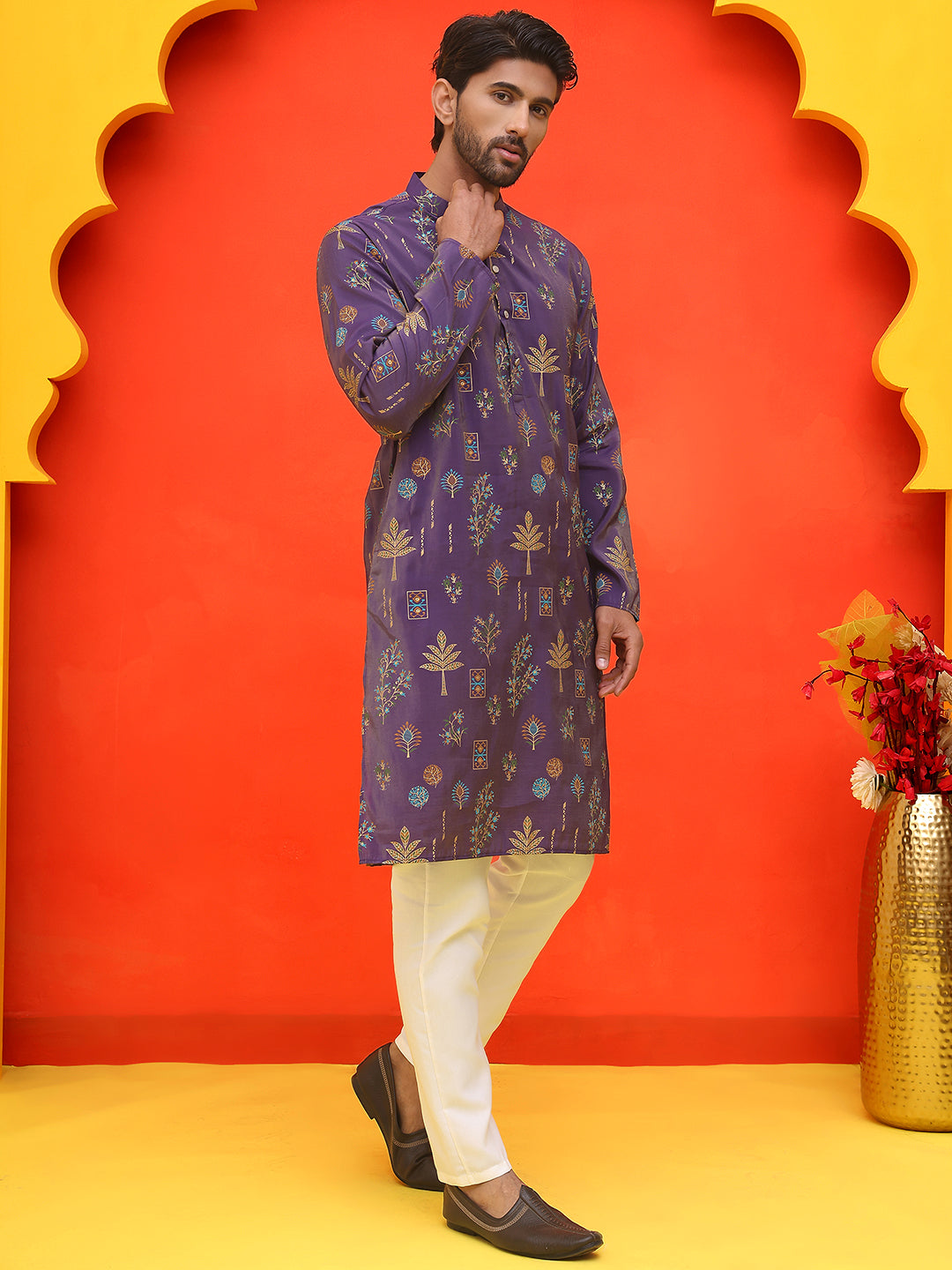 Printed Silk Blend Straight Kurta Set.