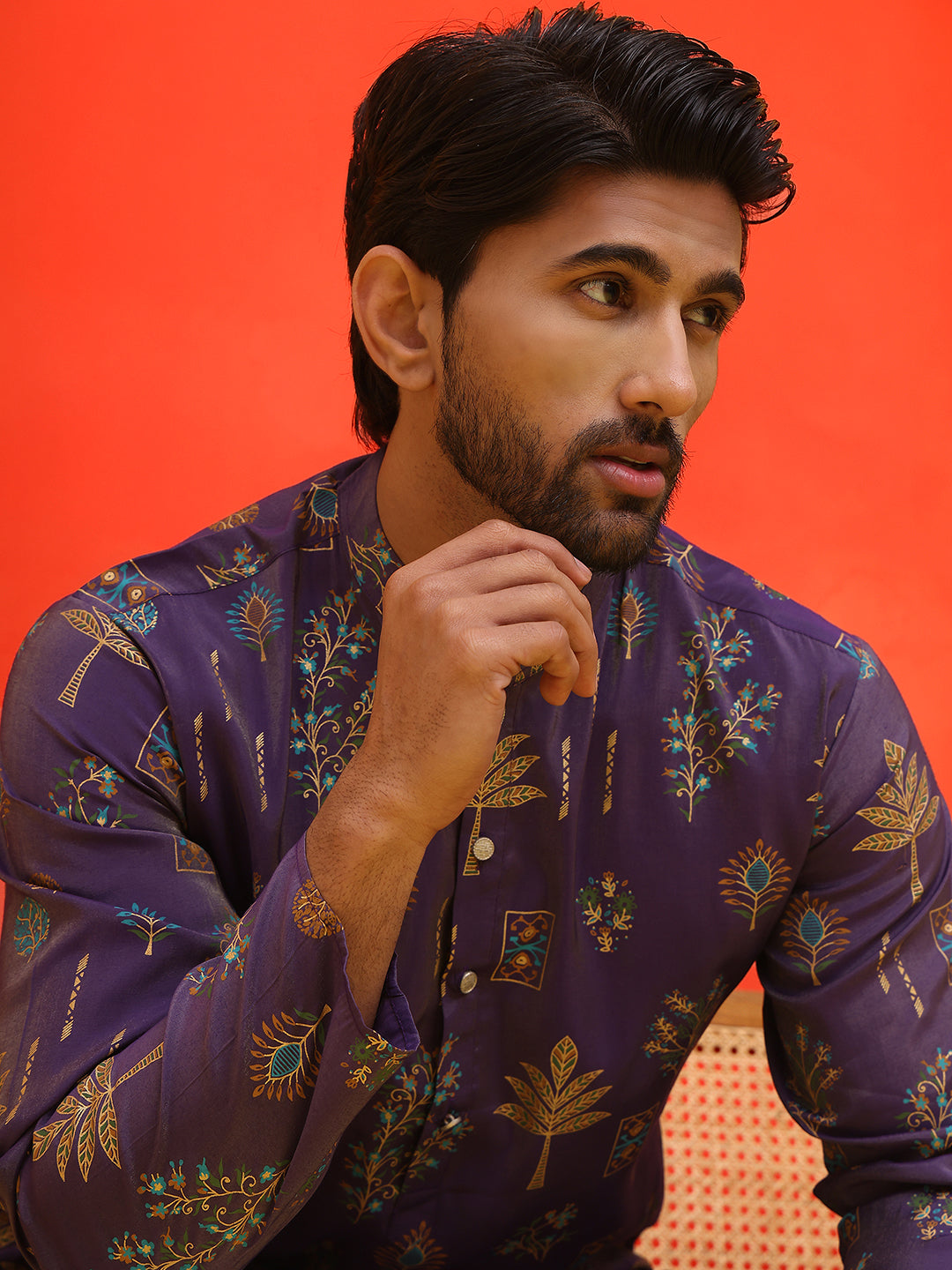Printed Silk Blend Straight Kurta Set.