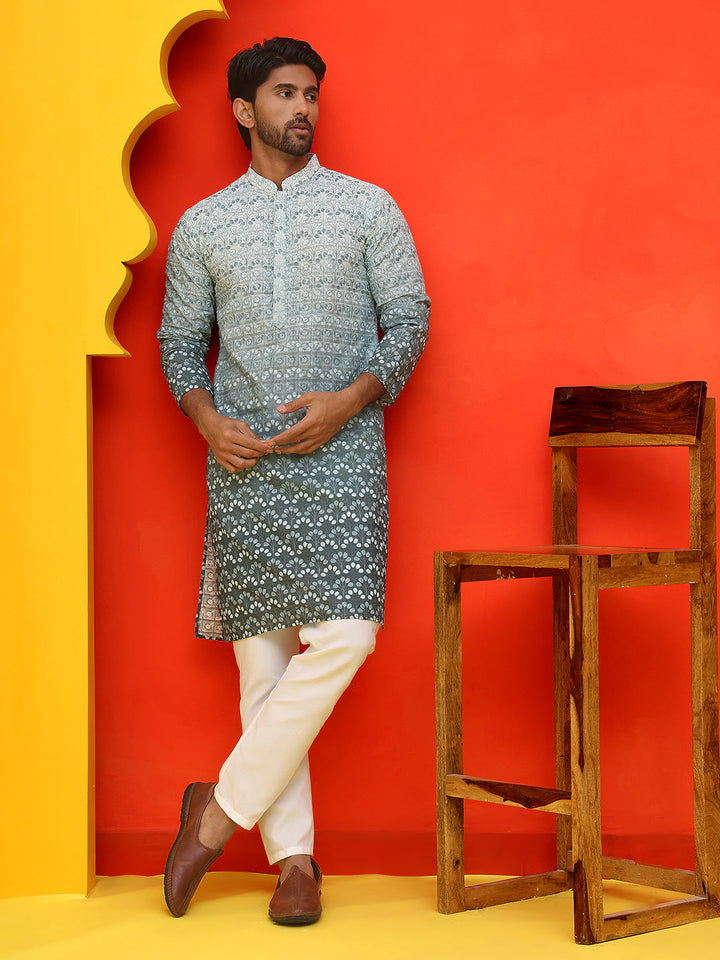 Ombre Printed &amp; Embroidered Kurta Pyjama Set