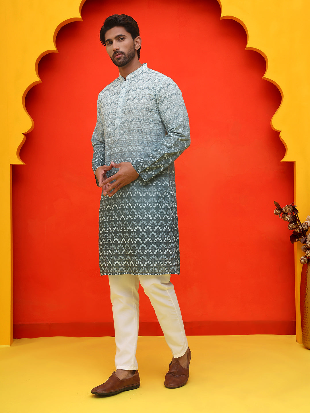Ombre Printed &amp; Embroidered Kurta Pyjama Set