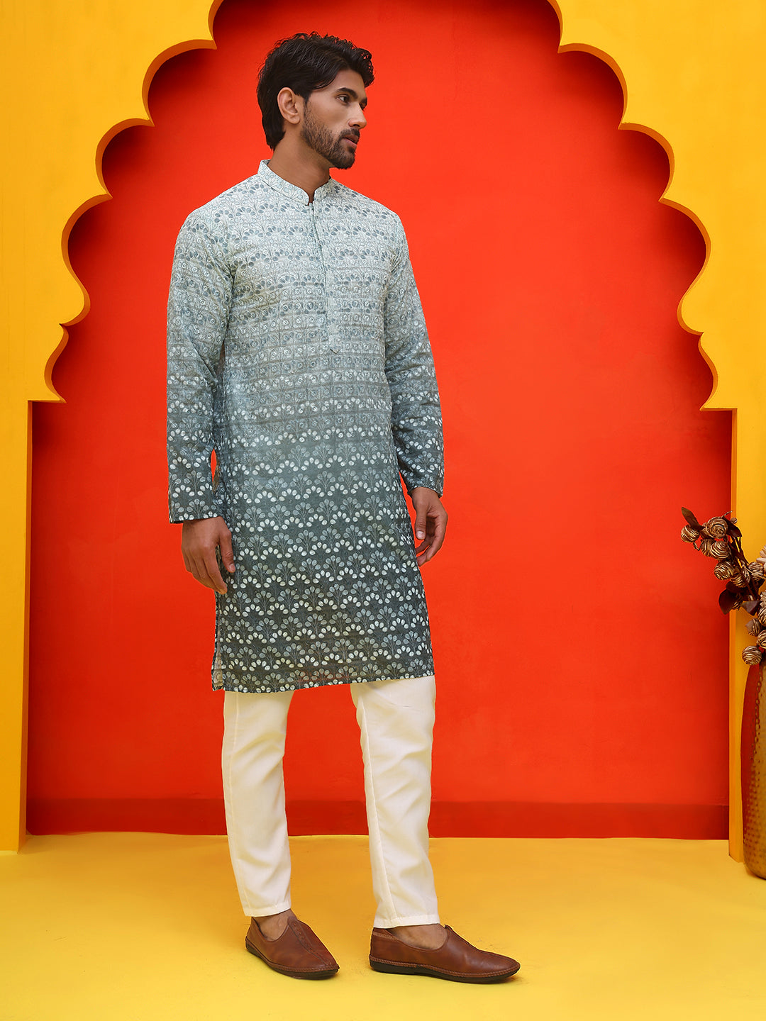 Ombre Printed &amp; Embroidered Kurta Pyjama Set