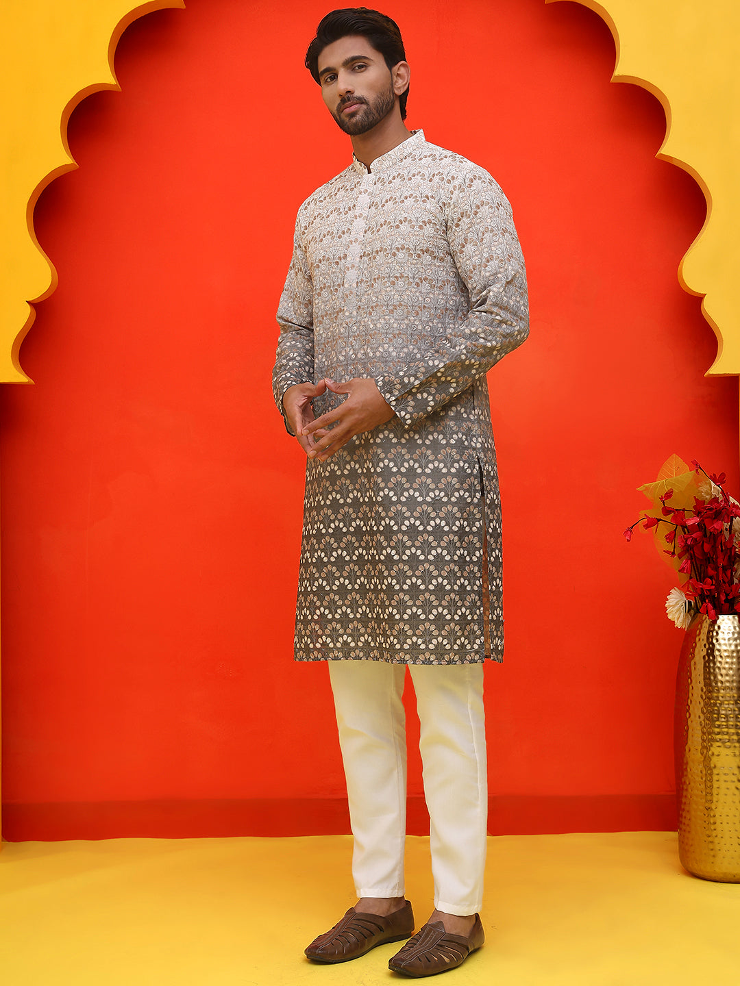 Ombre Printed &amp; Embroidered Kurta Pyjama Set