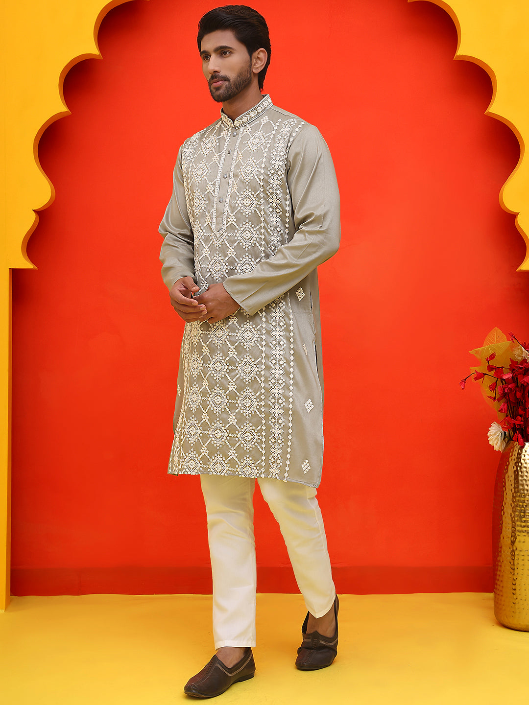 Embroidered Kurta Pyjama For Men
